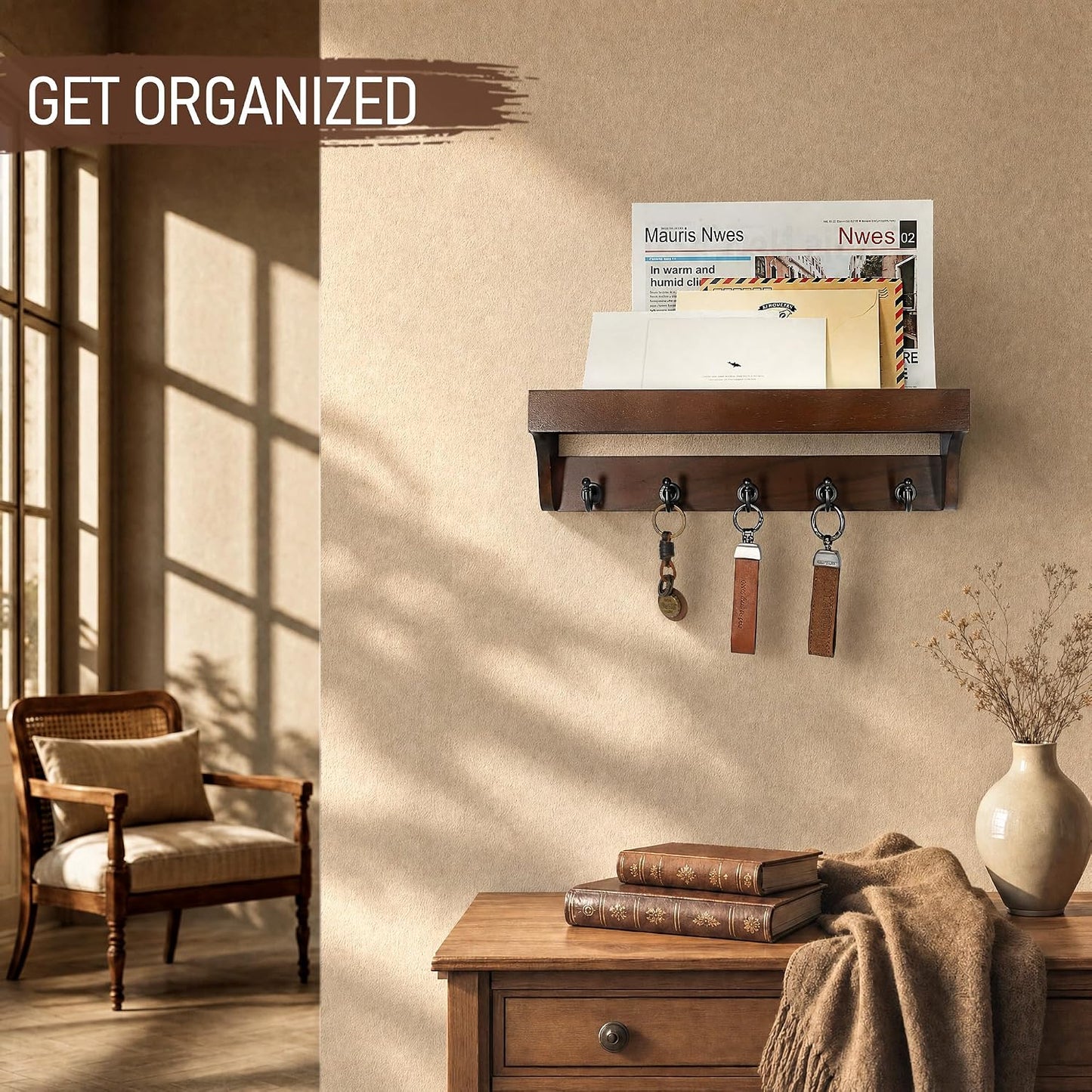 Rebee Vision Farmhouse Key Holder for Wall - Decorative Wooden Mail Organizer with 5 Rustic Key Hooks and Floating Shelf for Home Decor, Hallway, Entryway, Appartment (Retro Brown)