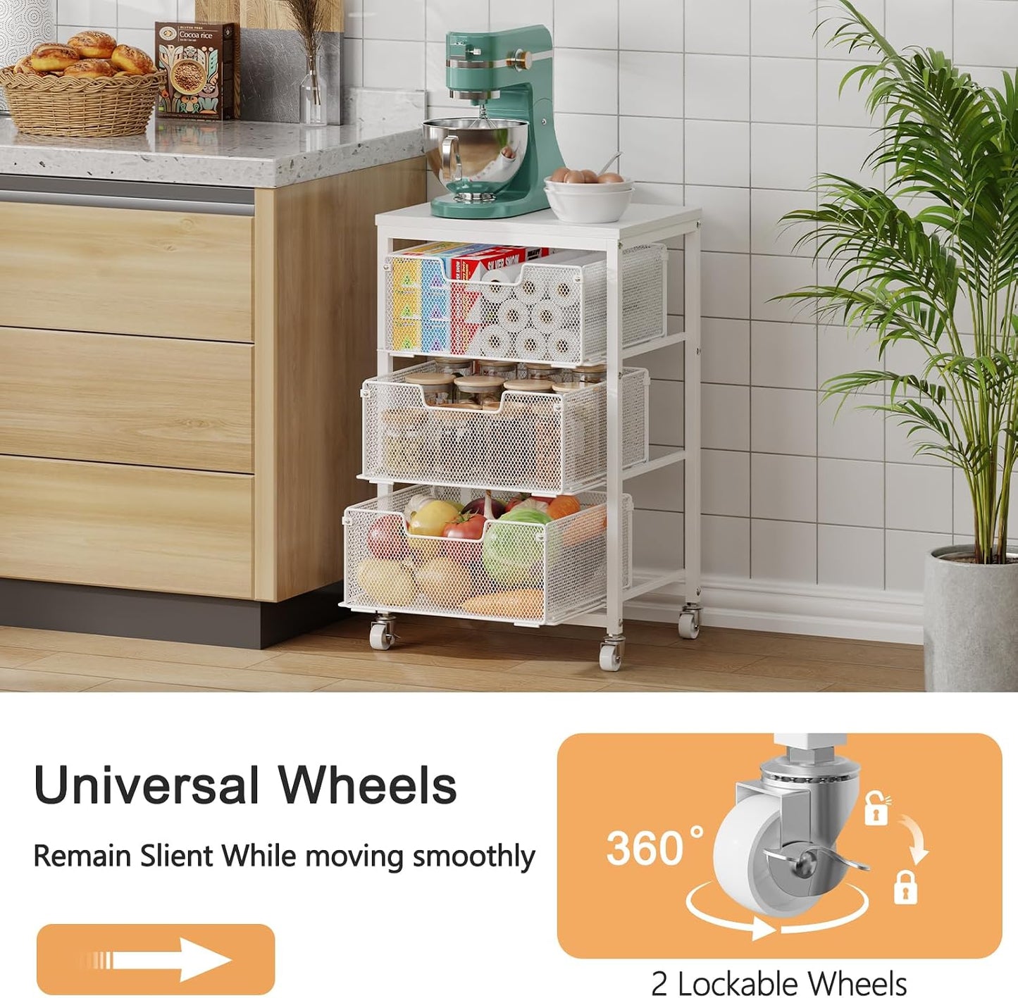 4 Tier Kitchen Rolling Cart, Kitchen Storage Cart with Wheels, Adjust Pantry Organizer and Storage Cart with Drawer, Fruit Vegetable Spice Storage Cart, Wooden Top Metal Kitchen Organizer Rack Stand