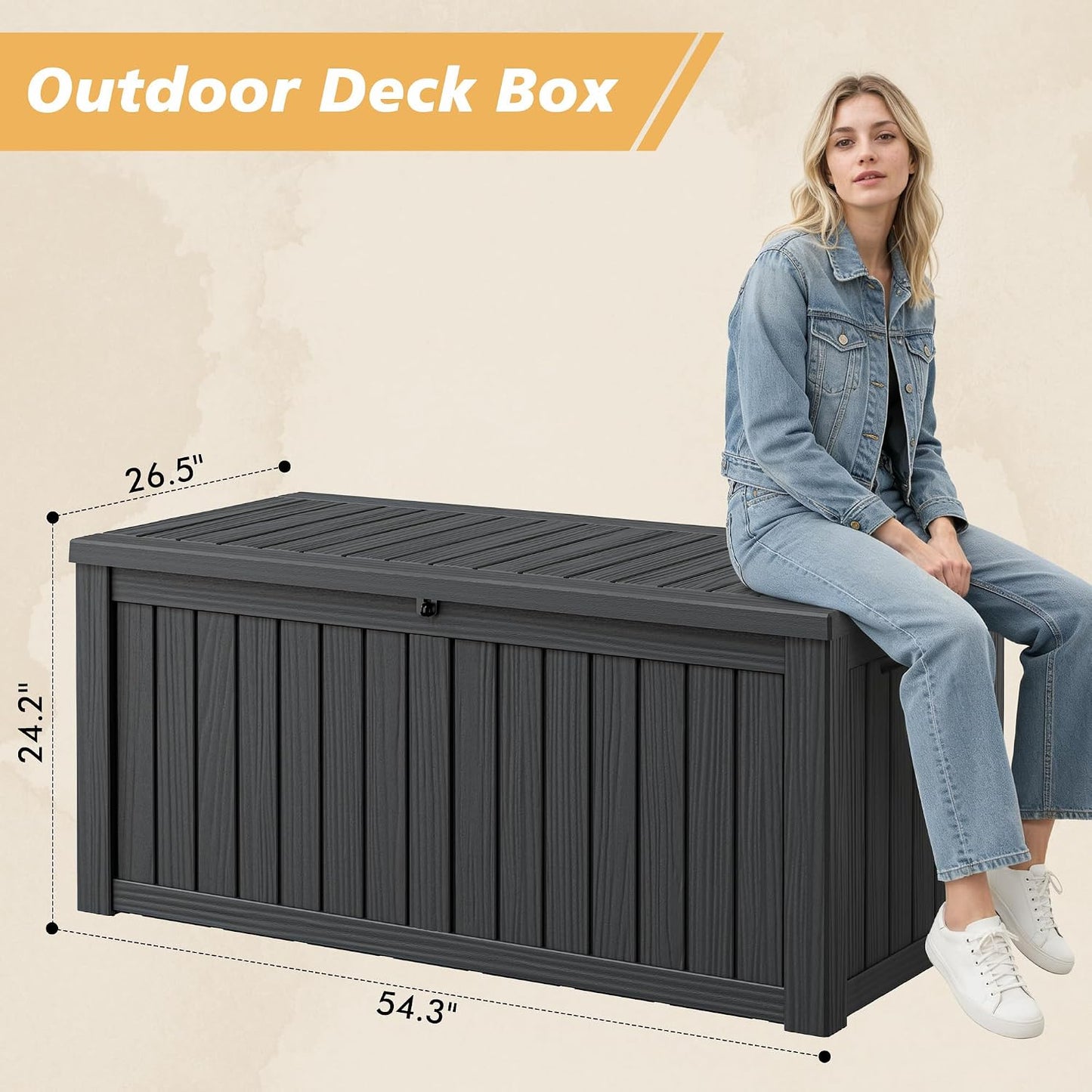Fancyango 75 Gallon Outdoor Deck Box Waterproof, Large Storage Box for Patio, Resin Storage Bench Lockable for Garden Tools, Package Delivery, Black