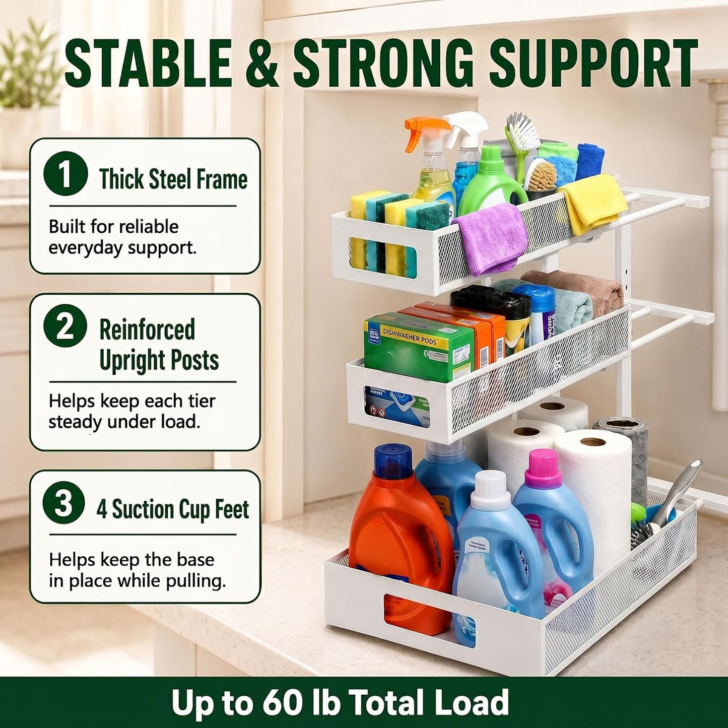 3 Tier Under Sink Organizer,2 Pack Pull Out Cabinet Shelves with Adjustable Height,Heavy Duty Carbon Steel L-Shaped Storage for Kitchen Bathroom Sink,Pantry & Laundry,White
