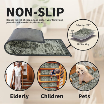 Non-Slip Carpet Stair Treads 15PCS, 8"x30" Peel and Stick Stair Runner for Wooden Steps Indoor, Washable Reusable Adhesive Backing, Pet-Friendly Safety Mats for Kids, Elders, Dogs