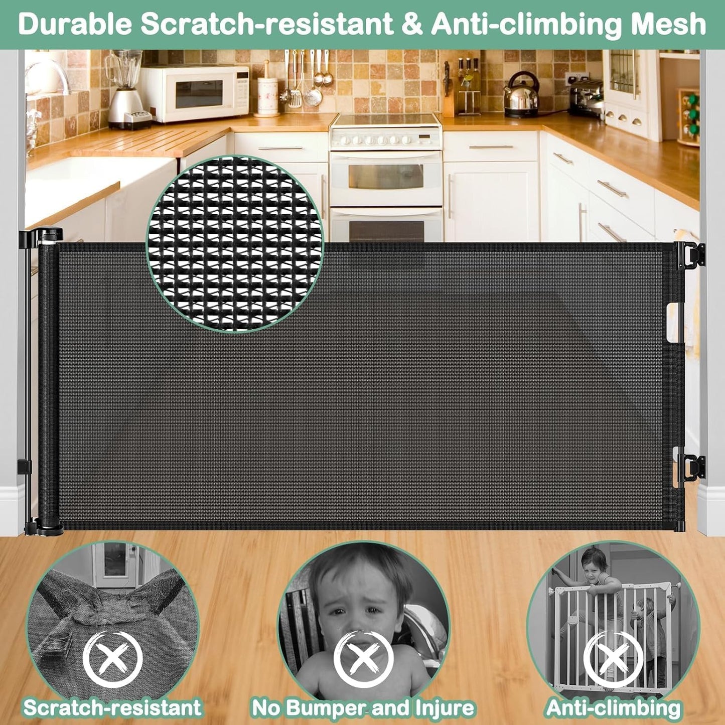 55 Inch Retractable Dog Gate Outdoor Scratch-Resistant Mesh Baby Gate for Stairs Retractable Baby Gates for Doorways Anti-Climb Outdoor Dog Gates for Decks Keep Kid/Pet away from Dangerous Place, Gray