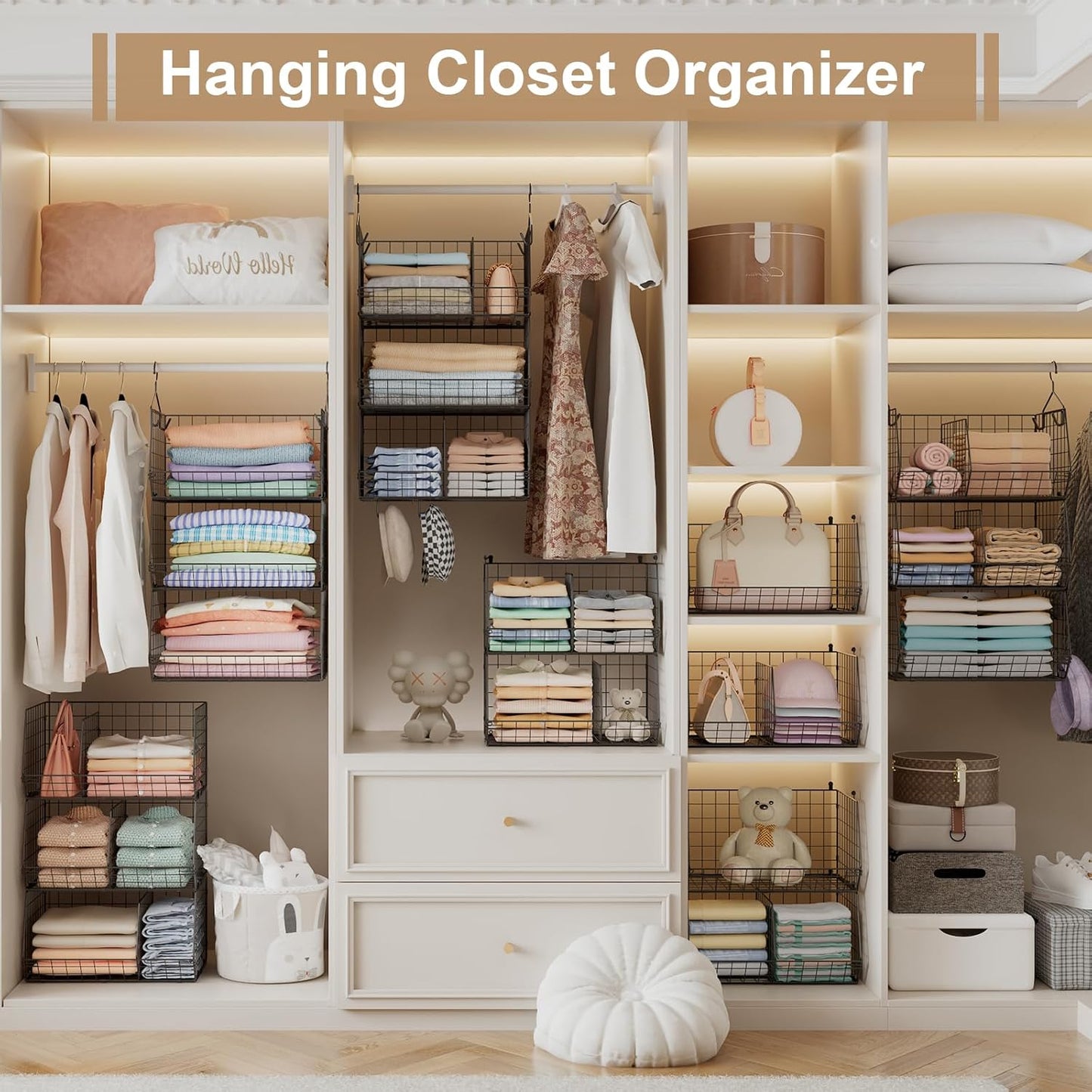 Jautokerdar 4 Tier Hanging Closet Organizer with Dividers,Extra Large Storage Hanging Shelf with 5 S Hooks 4 Dividers,Hang on Wire Closet Shelving Clothes Organizer-Black