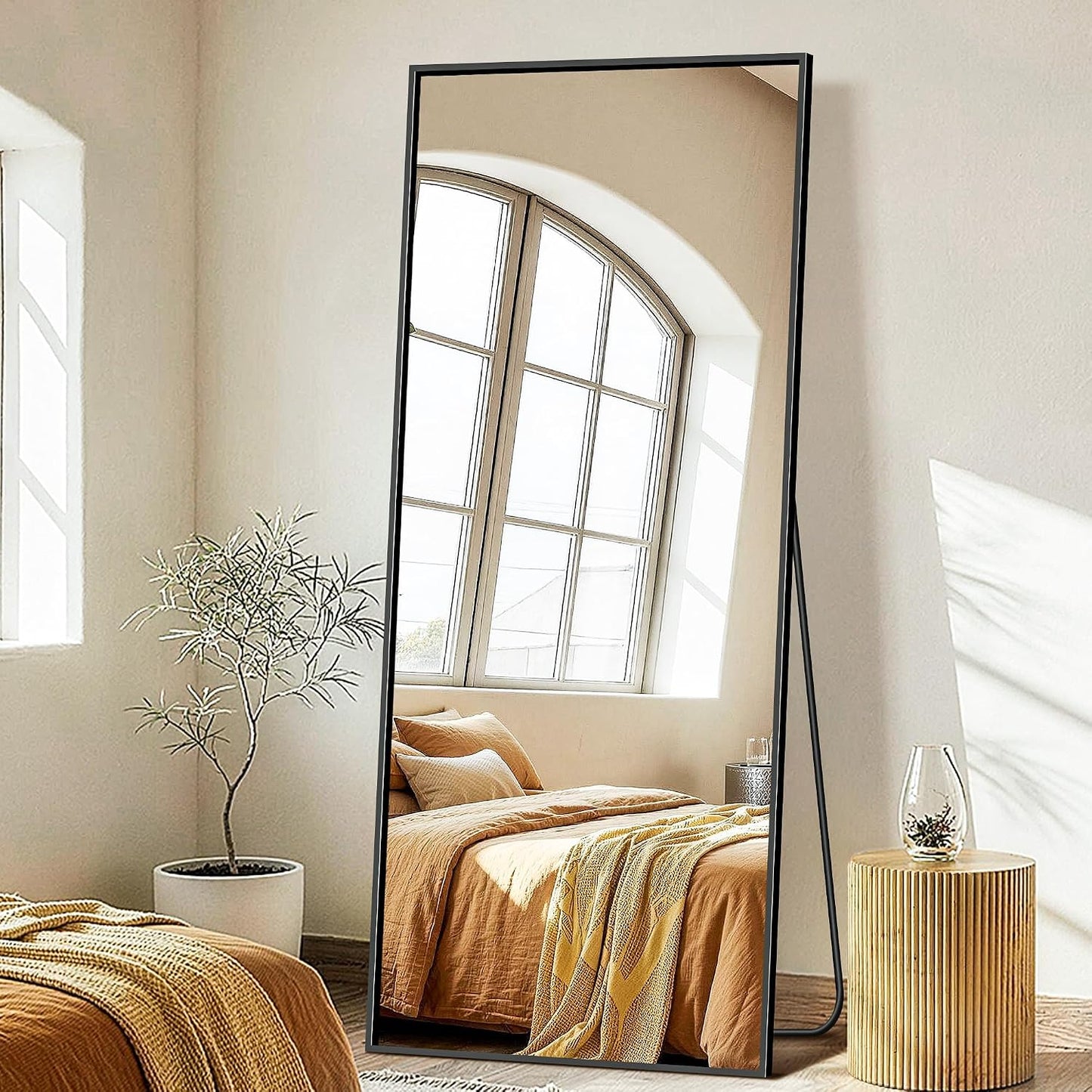 FICTOR Full Length Mirror with Stand, Floor Standing Mirror Full Body, HD Shatterproof Black Frame Wall Mirror for Bedroom, Living Room, Dressing Room & Entryway, 56"x15"
