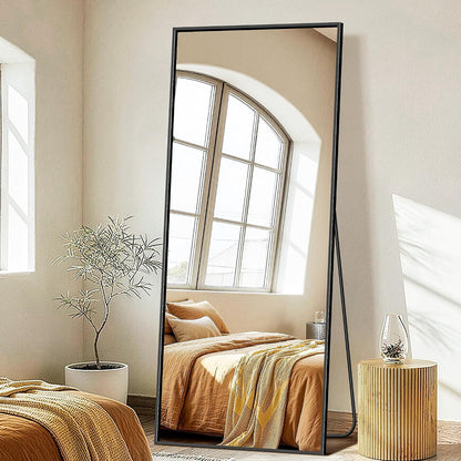 FICTOR Full Length Mirror with Stand, Floor Standing Mirror Full Body, HD Shatterproof Black Frame Wall Mirror for Bedroom, Living Room, Dressing Room & Entryway, 56"x15"