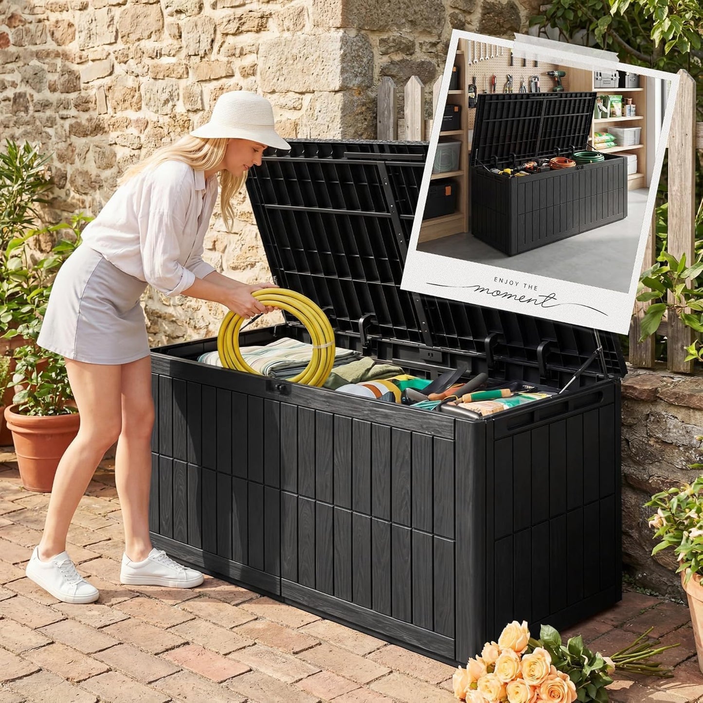 UDPATIO 120 Gallon Deck Box Outdoor Storage Box Lockable Waterproof Resin Indoor Outdoor Storage Container for Patio Cushions, Tools, Package Delivery Boxes for outside