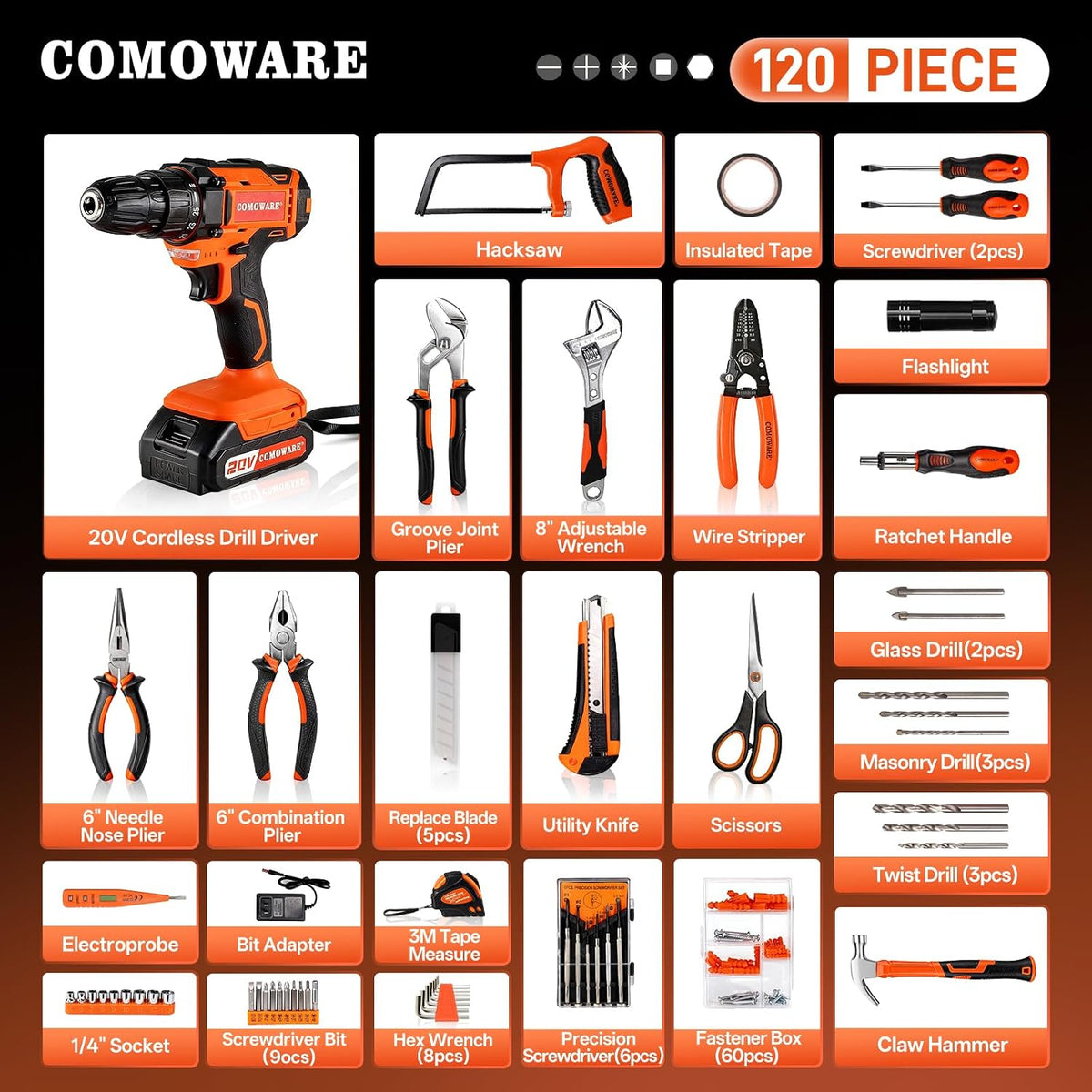 COMOWARE Household Tool Set with 20V Cordless Drill Driver, 120Pcs Hand Tool Kit for Men, Power Drill Set with Plastic Toolbox, Ideal for Office, Garden, DIY Project