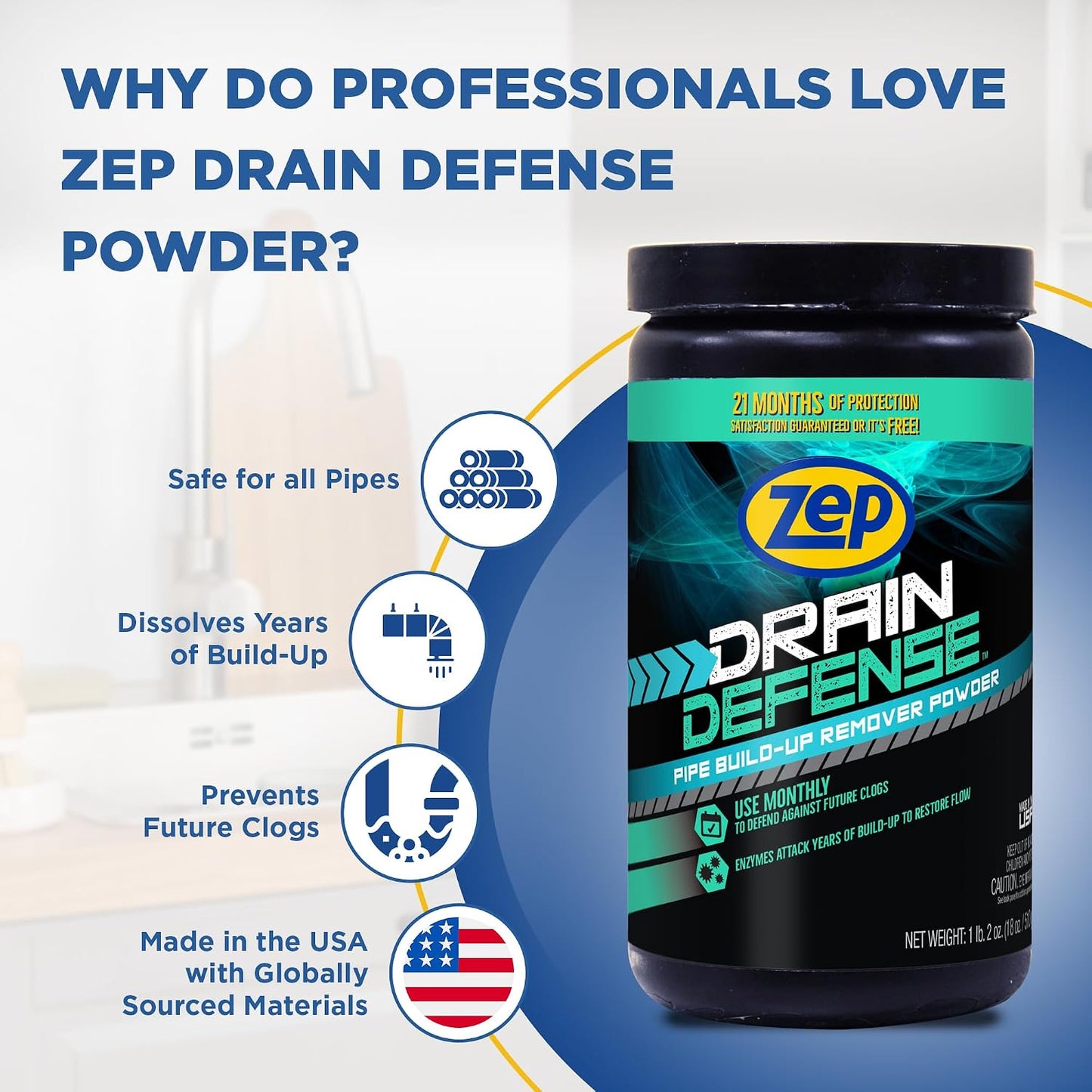Zep Drain Defense Enzymatic Drain Cleaner Powder - 18 Ounces - ZDC16 - Safe for Pipes and Septic Systems, Pack of 1, white