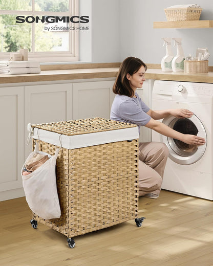SONGMICS Laundry Hamper with Lid, 37 Gallons (140 L), Rolling Laundry Basket with Wheels, 3-Section Synthetic Rattan, Removable Liner, Bedroom, 26 x 13 x 26 Inches, Gray ULCB363G01