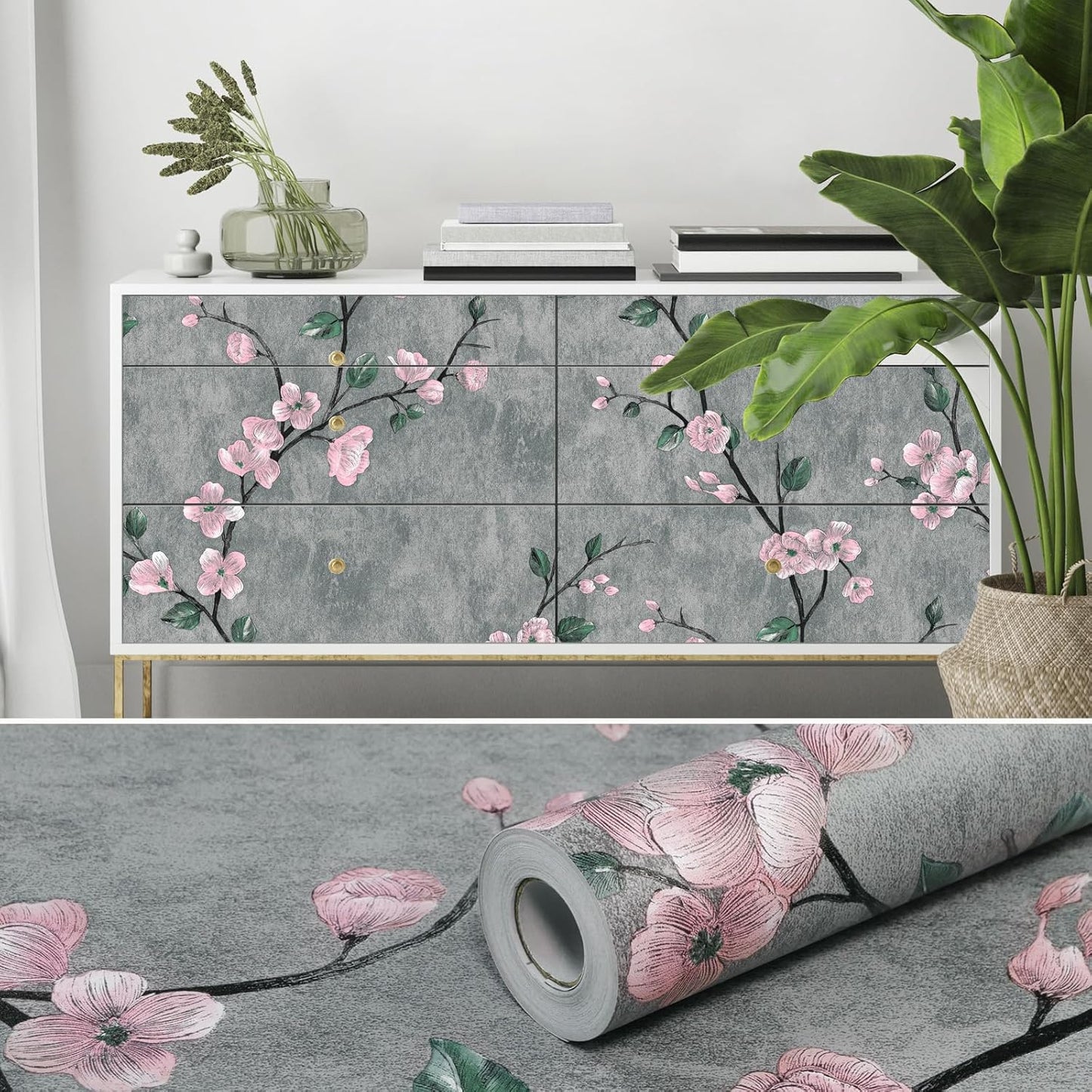 SOON AFTER 17.5”x120” Floral Peel and Stick Wallpaper Flower Tree Contact Paper Self Adhesive Removable Modern Sage Green Wall Paper Decorative Wall Covering Countertop Vinyl Film Roll
