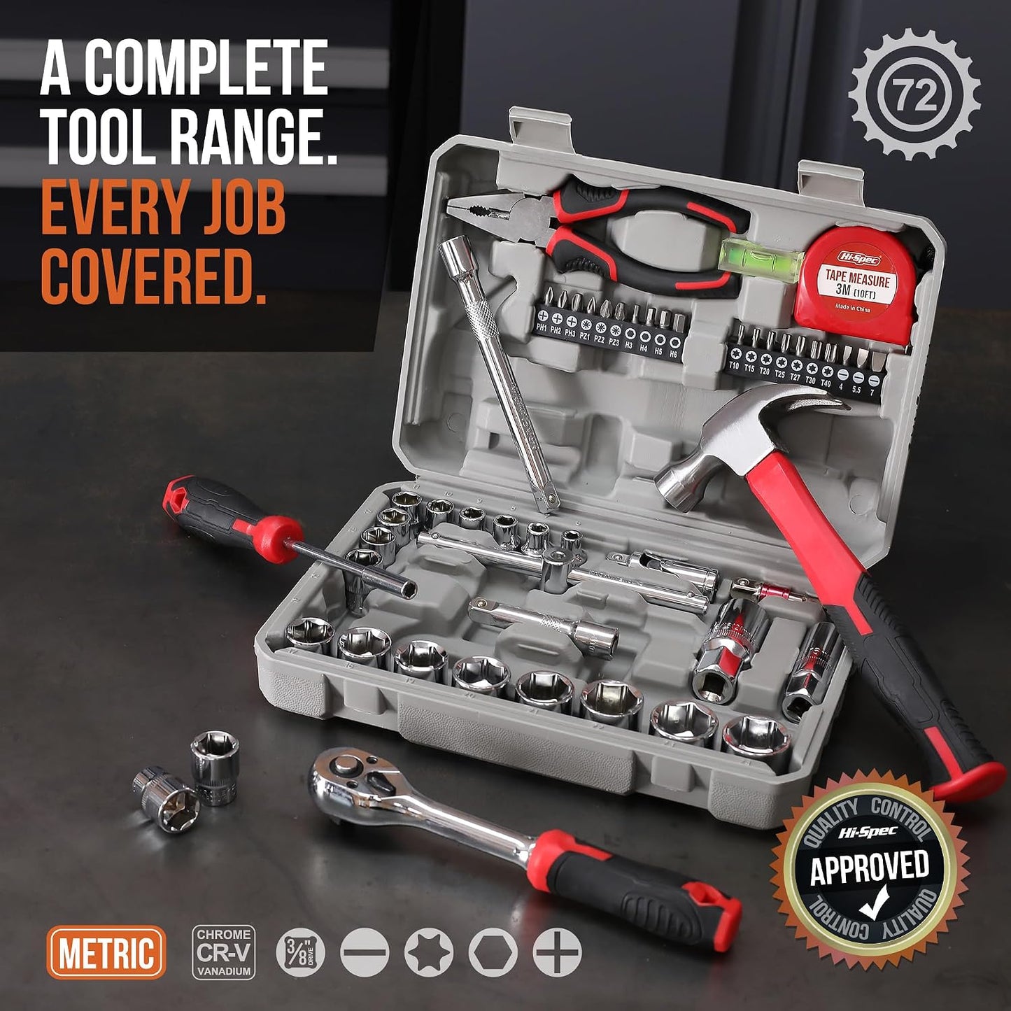Hi-Spec 57pc Home Garage DIY Tool Kit Set. Complete Beginner Handyman and Home Mechanics Tool Box Set for Auto, Car, Bike and Household Repairs