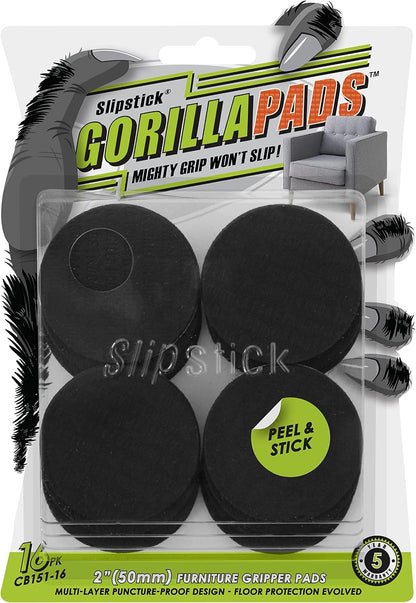 Slipstick GorillaPads CB147 Non Slip Furniture Pads/Gripper Feet (Set of 16) Self Adhesive Rubber Floor Protectors, 1 inch Round, Black