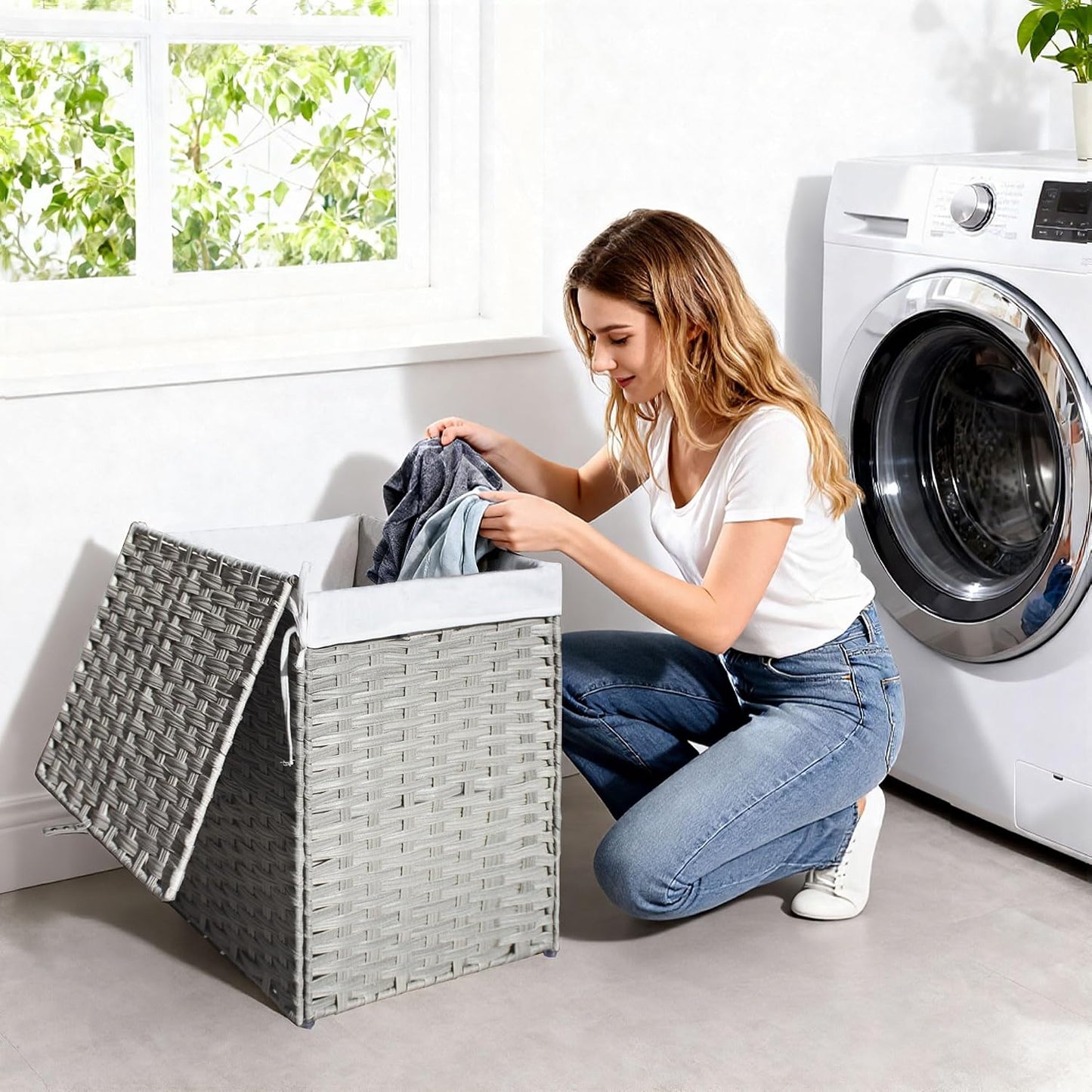 Wicker Laundry Hamper with Lid,34 Gal(130 L) Rattan Laundry Basket 2 Sections with Lid, Removable Machine Washable Line, Large Clothes Hamper with Handles for Bathroom Bedroom, Gray