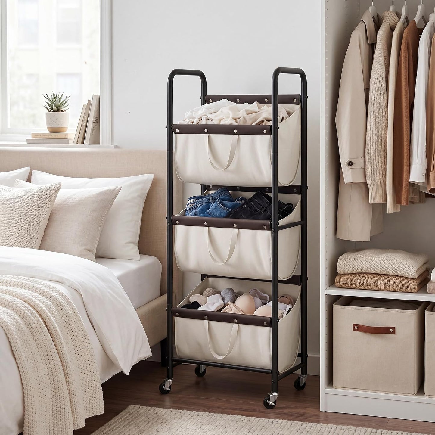 GRANNY SAYS 3 Section Tiered Laundry Sorter, Slim Vertical Laundry Hamper with Wheels, Narrow Rolling Laundry Cart with Removable Bags for Laundry Room, Bathroom, Closet, Dorm, Beige