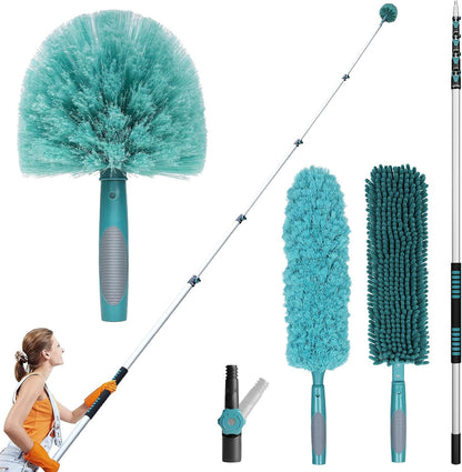 TelesPro 20 Foot High-Reach Duster Kit with 5-12FT Extendable Pole - High Ceiling Duster Cleaning Kit with Telescopic Pole,Cobweb Duster, Chenille Ceiling Fan Duster, Microfiber Feather Duster