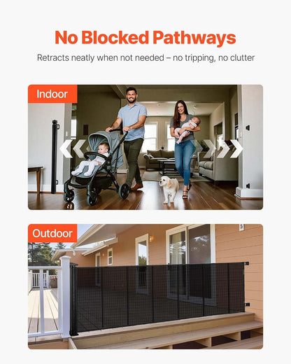 VEVOR Retractable Baby Gate, Extends to 202.7 inch Extra Wide, 39 inch Tall, with Reinforced Fiberglass Strips, Avoids Crawling Through, Mesh Dog Gate for Decks, Doorways, Garages, Indoor, Black