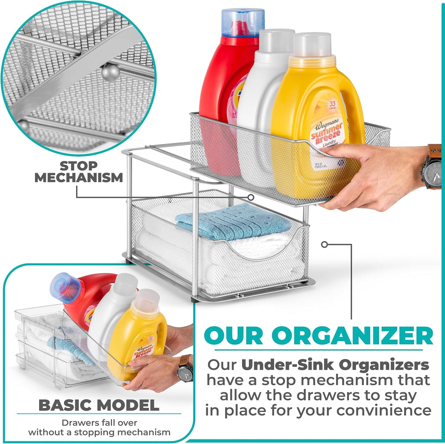 Sorbus 2 Tier Metal Under Sink Organizer for Bathroom, Kitchen, Strong Steel Mesh Sliding Drawers for Under Sink, Under Cabinet, Closet, Kitchen, Pantry, Bathroom Organizers and Storage (Black)