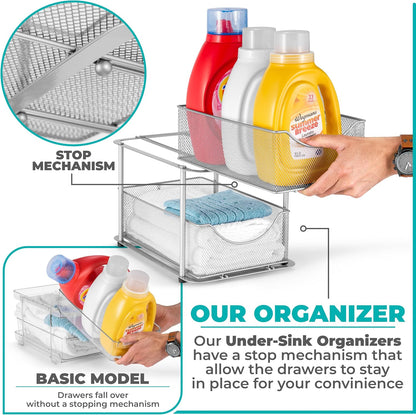 Sorbus 2 Tier Metal Under Sink Organizer for Bathroom, Kitchen, Strong Steel Mesh Sliding Drawers for Under Sink, Under Cabinet, Closet, Kitchen, Pantry, Bathroom Organizers and Storage (Black)