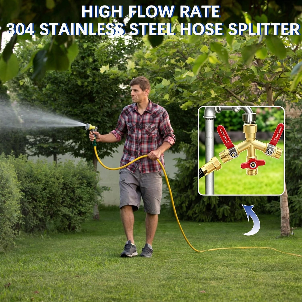 Hose Splitter 2 Way Heavy Duty, Full Flow Garden Hose Splitter with Large Easy-Turn Handle, 3/4 Inch GHT Brass Water Hose Splitter for Outdoor Faucet, Y Valve Hose Bib Splitter