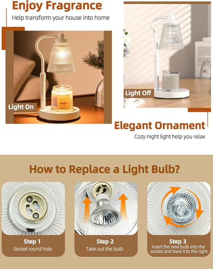 Candle Warmer Lamp for Jar Candles, Height Adjustable & Dimmable with 2/4/8H Timer, 2*50W Halogen Wax Melter Warmer for Home Office Décor, Flameless & Smokeless, Gift for Women Mom, Black-Clear/1 Pack