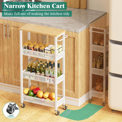 Giwil Slim Storage Cart 5 Tier Narrow Kitchen Rolling Cart on Wheels for Small Space, Metal Utility Cart Narrow Bathroom Storage Cabinet Mobile Shelf Unit Organizer with Wood Top and Handle, Black