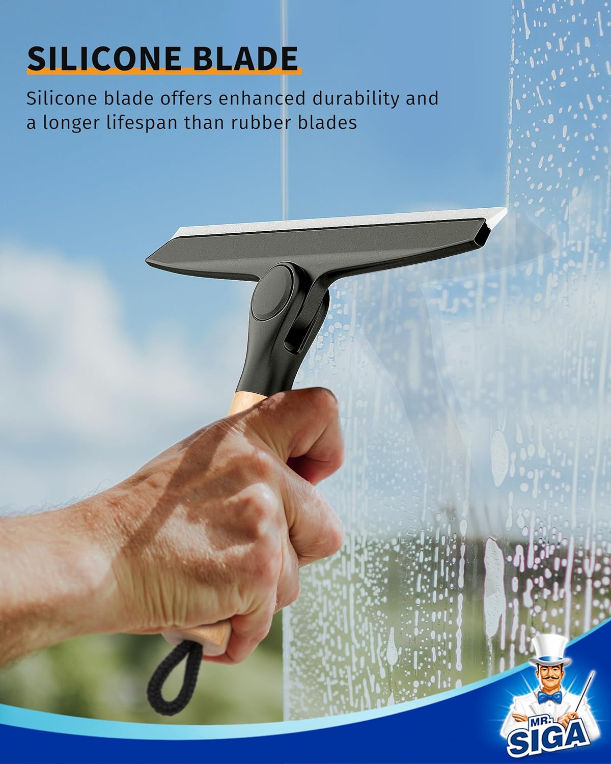MR.SIGA All Purpose Silicone Squeegee for Shower Door, Mirror, Glass, Streak Free Shower Squeegee, Pivoting Bamboo Handle, Includes 1 Suction Hook, 10 inch Wide, 1 Pack