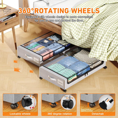 Under Bed Storage with Wheels, 2 Pack Under Bed Storage Containers with Clear Lids, XXL 65L Under Bed Storage Organizer, Rolling Under Bed Metal Drawer for Blanket, Clothes, Shoes (31 x 17 x 6.69 in)
