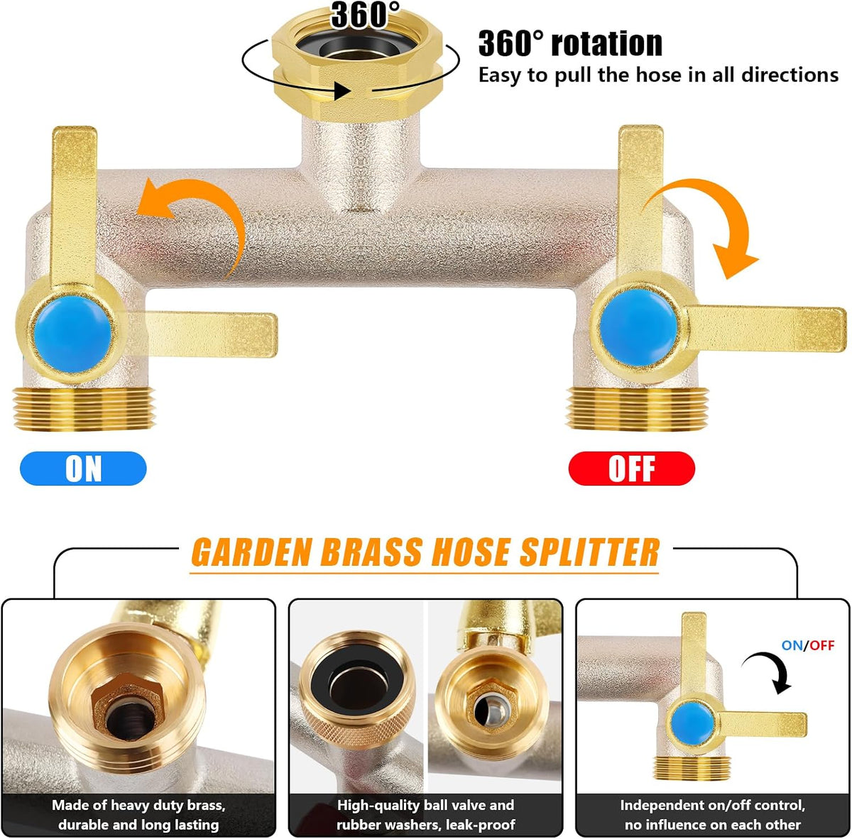 Upgraded Brass Garden Hose Splitter, 3/4" Hose Splitter 2 Way Heavy Duty with Extension Handles, Outdoor Faucet Splitter Water Spigot Splitter with Individual On/Off Valve