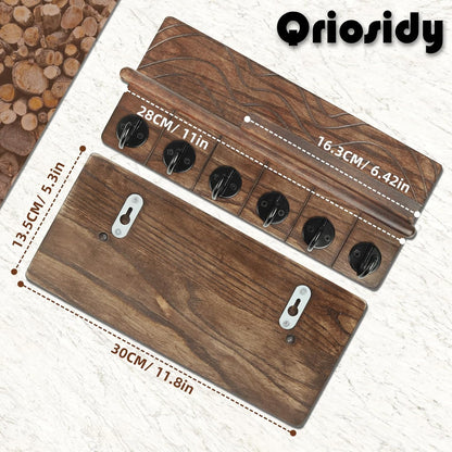 Key Holder Wall Decor-11.8" Solid Ash Wood Entryway Organizer with 6 Hooks & Extra Deep Storage Rack for Key, Mail, Wallet, Leash, Glasses, Hand-Polished & Stained, Easy-Assembly