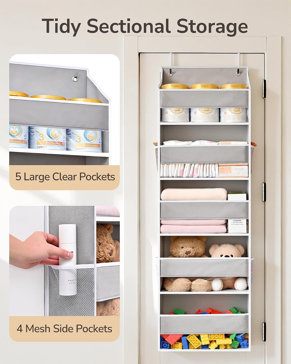 ULG 1 Pack Over Door Organizer with 5 Large Pockets 10 Mesh Side Pockets, Upgraded Linen Texture Over The Door Storage, 44 lbs Weight Capacity Hanging Storage Organizer, Ivory