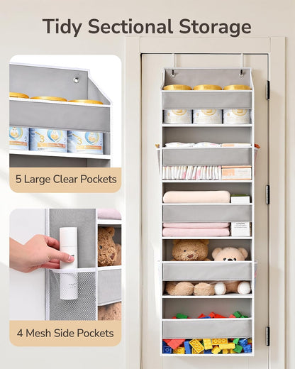 ULG 1 Pack Over Door Organizer with 5 Large Pockets 10 Mesh Side Pockets, Upgraded Linen Texture Over The Door Storage, 44 lbs Weight Capacity Hanging Storage Organizer, Ivory