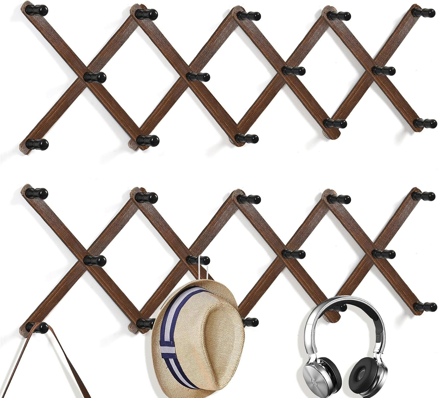 WGFKVAS 2 Pack Accordion Hat Rack for Wall - Expandable Coat Rack & Wall Mounted Hat Holder - Wooden Wall Hanger with 10 Peg Hooks for Coats, Baseball Caps, Keys & Mugs