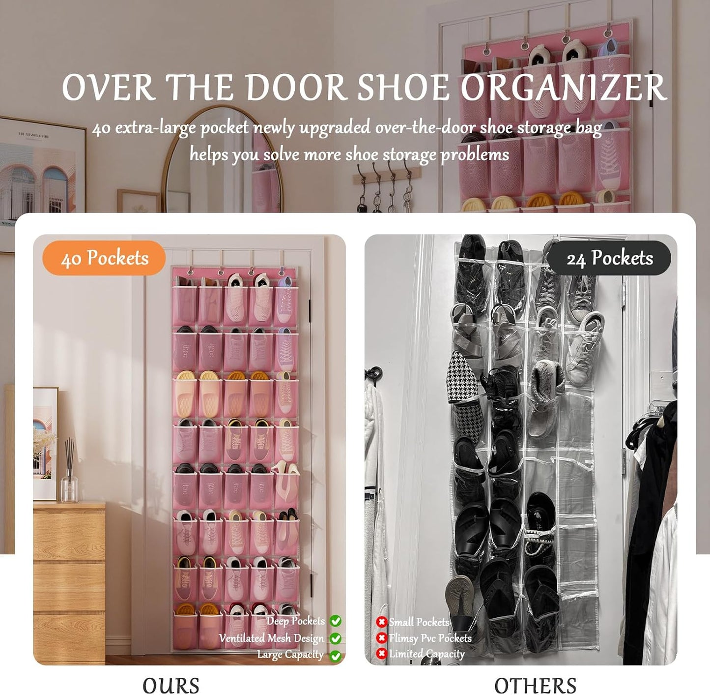 homyfort Over the Door Shoe Organizer, Hanging Shoe Rack Storage Holder with 24 Large Pockets for Closet Door, Men Women Kids Shoes, Cruise (Black)