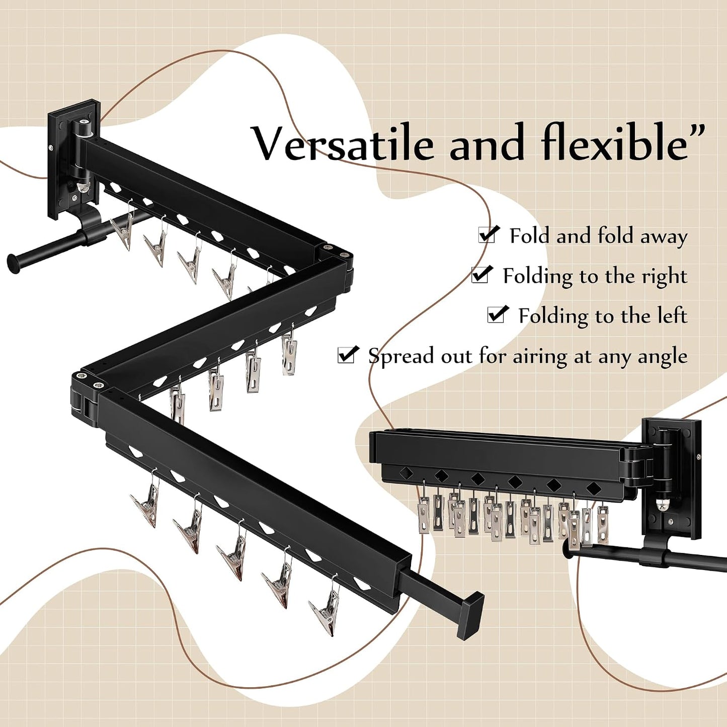 Wall Mounted Tri-Fold Clothes Drying Rack, Heavy Duty Collapsible Laundry Drying Rack, Space-Saving Retractable Foldable Drying Rack Clothes for Laundry Room Balcony Bathroom,Black-Hooks