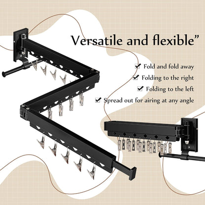 Wall Mounted Tri-Fold Clothes Drying Rack, Heavy Duty Collapsible Laundry Drying Rack, Space-Saving Retractable Foldable Drying Rack Clothes for Laundry Room Balcony Bathroom,Black-Hooks