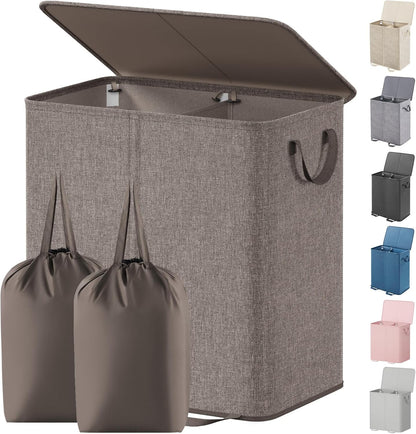 Lifewit Double Laundry Hamper with Lid and Removable Laundry Bags, Large Collapsible 2 Dividers Dirty Clothes Basket with Handles for Bedroom Laundry Room Closet Bathroom College, 136L Beige