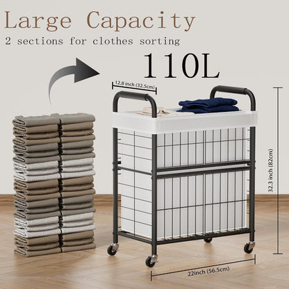 Laundry Hamper 3 Section, 145L Rolling Laundry Sorter Basket with Wheels, 3 Compartment Clothes Organizer Cart, Pull-Out Removable Bags for Laundry Room, Bathroom, Bedroom, White