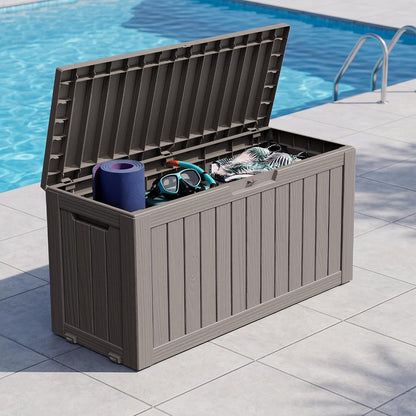 Outdoor Storage Box, 31 Gallon Resin Deck Boxes Outdoor Waterproof For Patio Furniture, Garden Tools, Pool Supplies, Lockable And UV Resistant (Rattan Gray)
