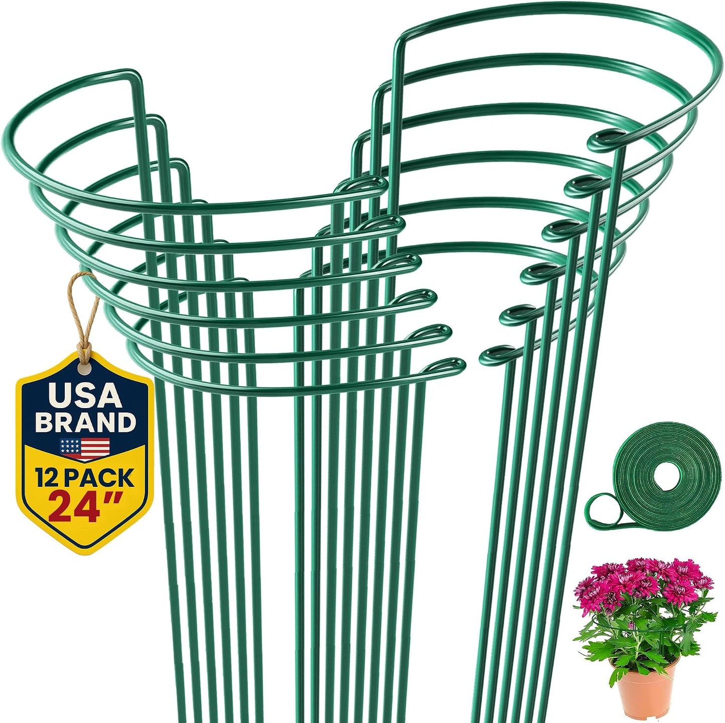 K-Brands 12 Pack Plant Support Stakes – Heavy-Duty Half Round Peony Support Ring and Cage for Indoor and Outdoor Plants – Peony, Tomato, Hydrangea, Rose 10" Wide x 16" High