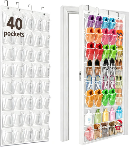 40 Pockets Over the Door Shoe Organizer – Waterproof Hanging Shoe Holder for Closet & Bathroom – Space-Saving Clear PVC Door Shoe Rack for Shoes, Toys, Toiletries & Snacks (White)