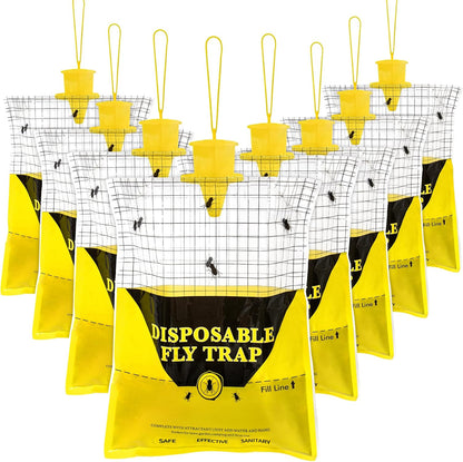 Outdoor Fly Traps for Patio, 4 Pack Pre-Baited Big Fly Bags Outdoor Disposable, Hanging Fly Catcher Hunter Stable Horse Ranch Control Repellent Killer for Barn, Farm