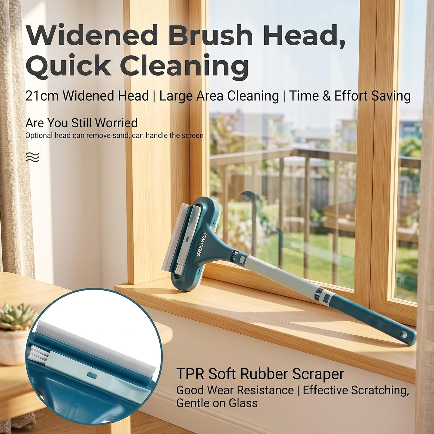 Window Screen Cleaner Tool Outdoor Mesh Cleaning Brush Full Crystal Glass Door LCD Track Hose Washer Windshield Clean 2-in-1 Multi-Purpose Double-Sided Kit with Vacuum Squeegee Handle(Blue)