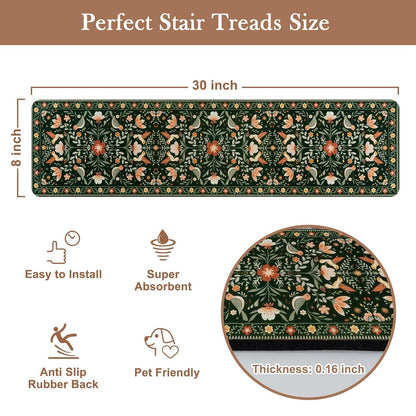 OJIA Floral Stair Treads Non-Slip Stair Runner for Wooden Steps Indoor 15PCS 30"x8" Carpet Stair Treads Stair Mats Staircase Step Treads for Kids, Elders and Dogs, Stair Covers, Black