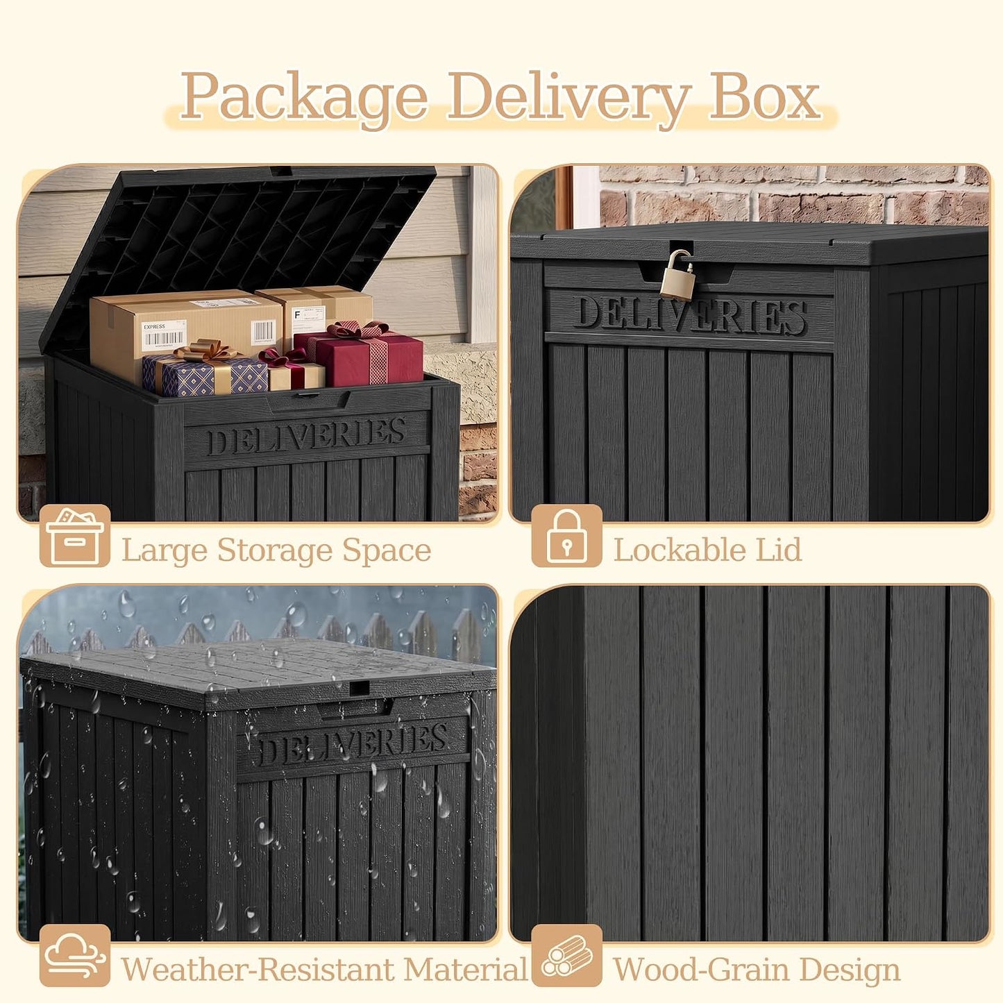 Outdoor Storage Box, 90 Gallon Package Delivery Boxes for Outside, with Lockable Secure, Deck Box Outdoor Waterproof for Entryway, Front Porch, Backyard, Garden, Patio, Lawn, Black