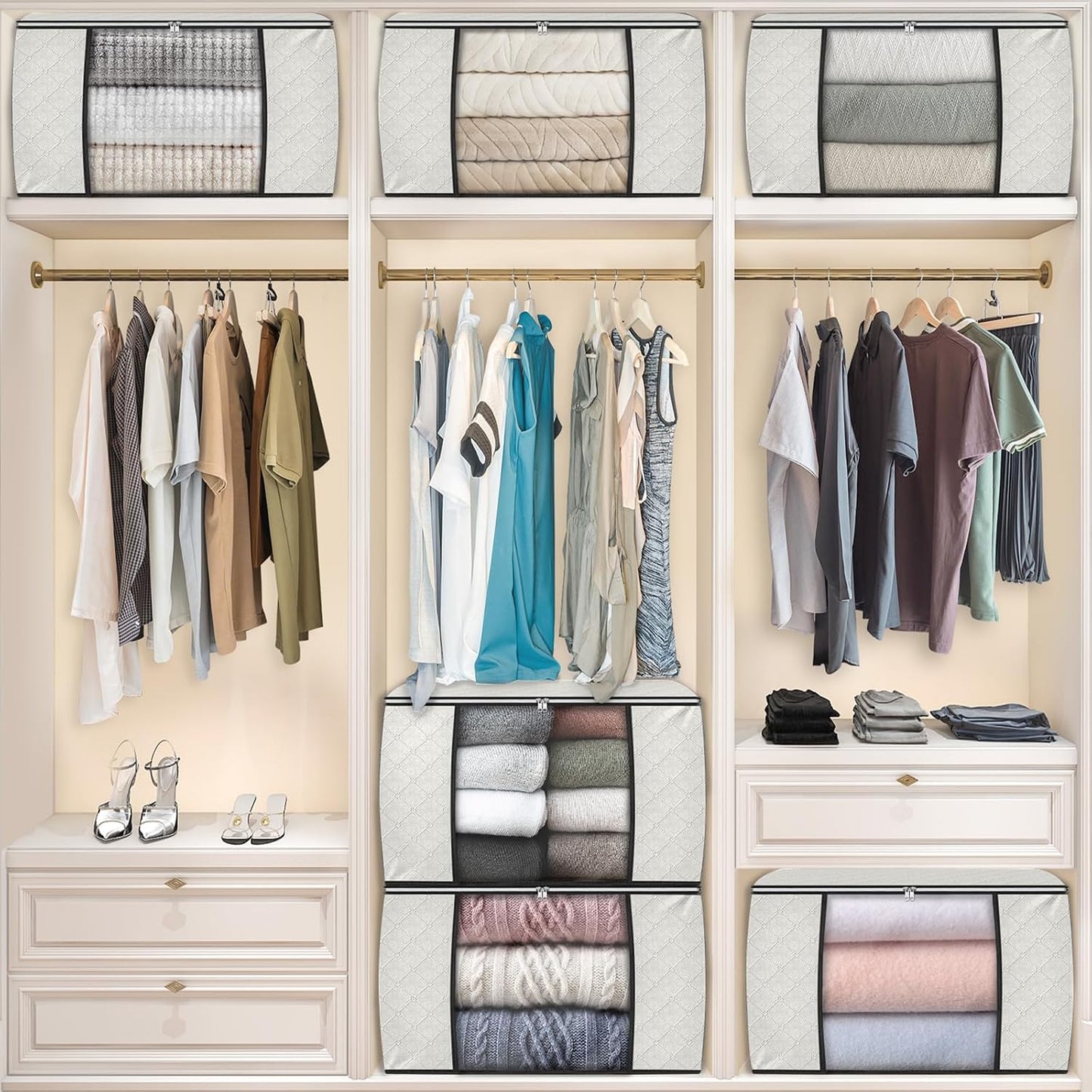 Fab totes 6 Pack Storage Bags for Clothes and Blanket, Foldable Closet Organizers and Storage with Zippers, Clear Window and Handles, Fabric Storage Bins for Sweater, Comforter, Bedding,Linen Sheets