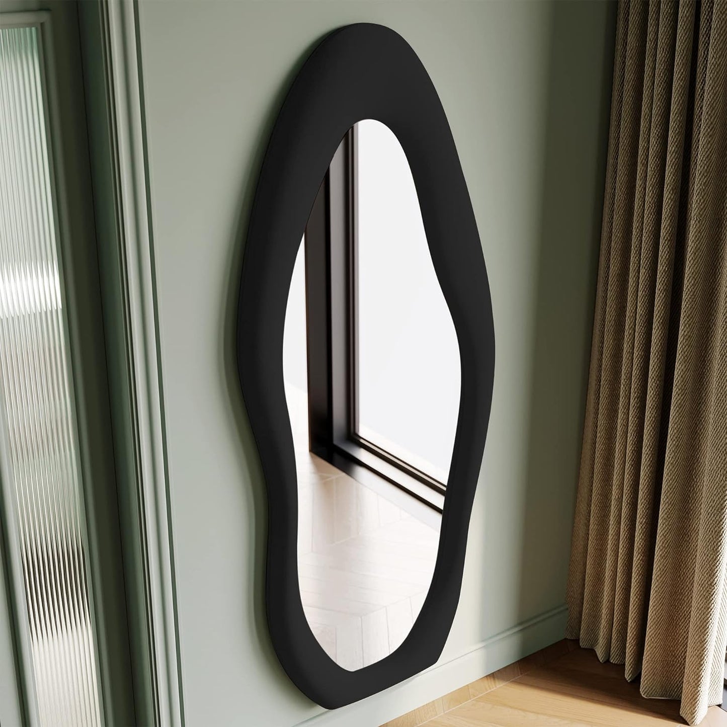 Honyee Full Length Mirror, 63" x 24" Wall Mirror, Flannel Wrapped Wooden Frame Floor Mirror, Irregular Wavy Mirror Hanging or Leaning Against Wall for Cloakroom/Bedroom/Living Room, Milk Tea