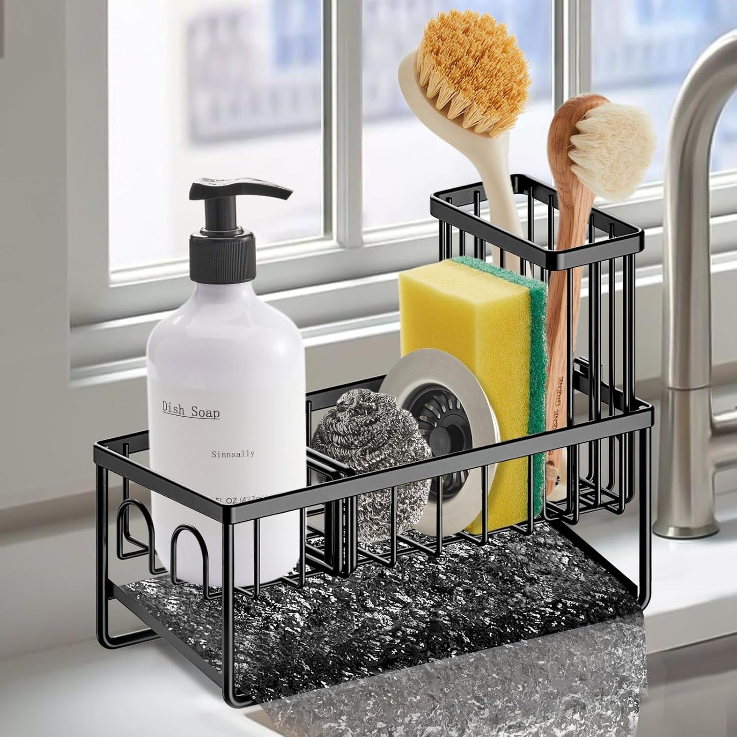 Sinnsally Kitchen Sponge Holder,Sink Caddy Organizer with High Brush Holder,Stainless Steel Sink Box Dish Scrubber Holder,Soap Tray for Kitchen Counter Accessories & Storage Rack(2 Tier - Black)