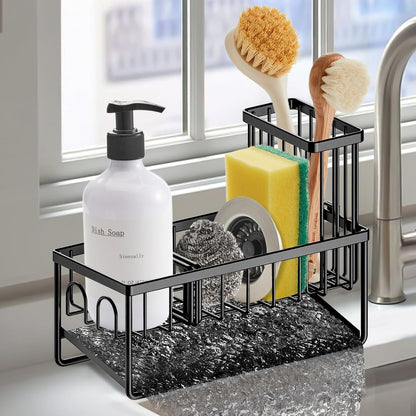 Sinnsally Kitchen Sponge Holder,Sink Caddy Organizer with High Brush Holder,Stainless Steel Sink Box Dish Scrubber Holder,Soap Tray for Kitchen Counter Accessories & Storage Rack(2 Tier - Black)