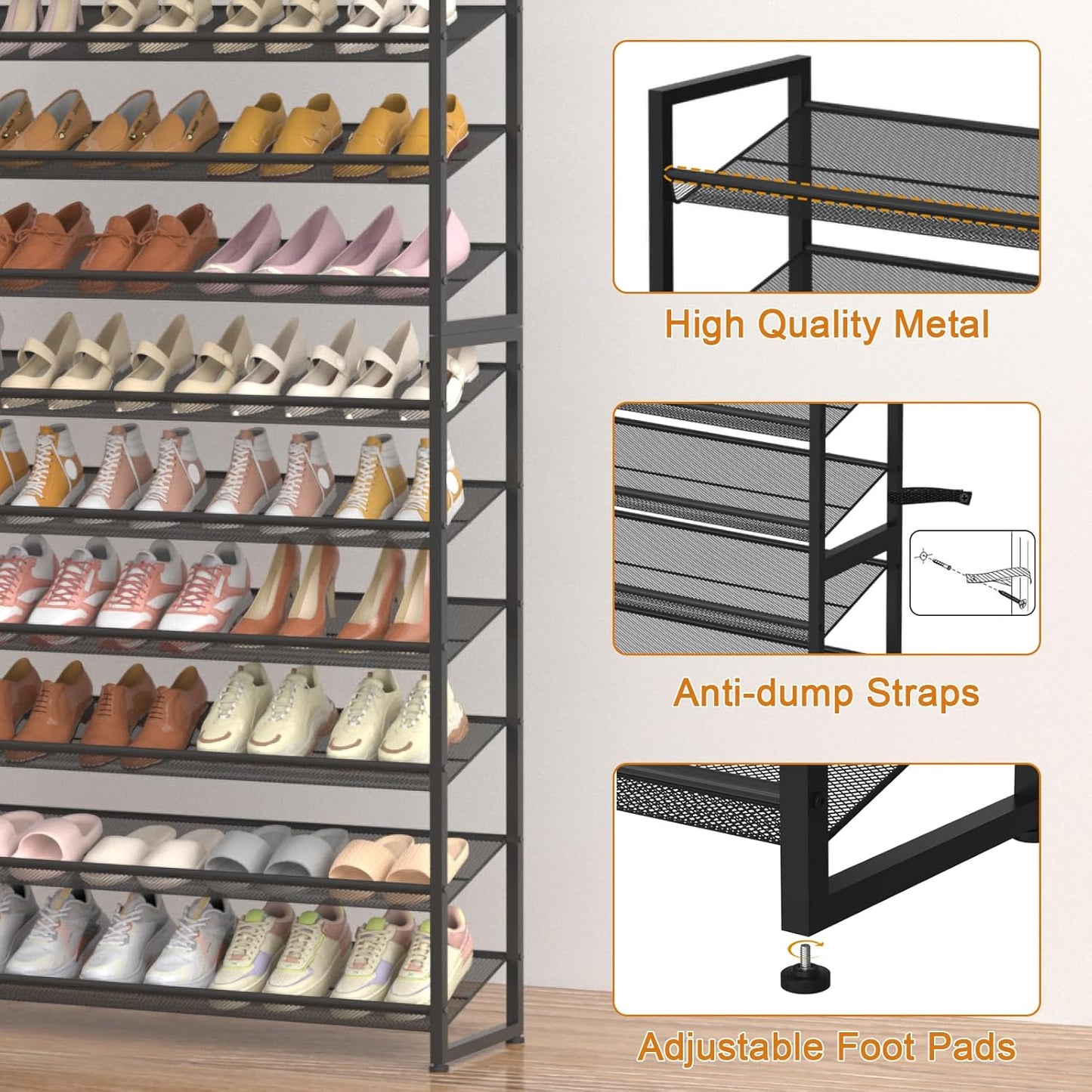 Large Shoe Rack 8 Tier Shoe Organizer, Heavy Duty Metal 4-Tier Stackable Shoe Storage Vertical Shoe Rack for Closet Front Door Entrance, Up to 50 Pairs, 44.8" W x 11.4" D x 56.7" H, Black