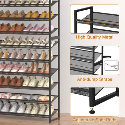 Large Shoe Rack 8 Tier Shoe Organizer, Heavy Duty Metal 4-Tier Stackable Shoe Storage Vertical Shoe Rack for Closet Front Door Entrance, Up to 50 Pairs, 44.8" W x 11.4" D x 56.7" H, Black